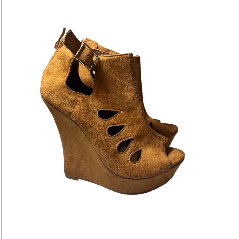 New Delicacy Tan Peep Toe Wedge Sandals